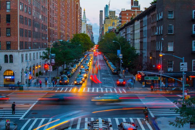 busy intersection at sunset